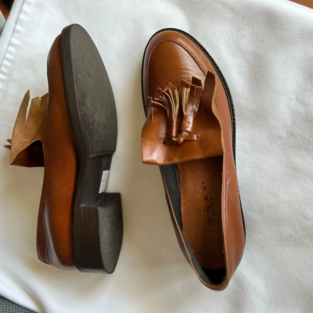 🚨⬇️🤑Jonak Paris Brown Leather Brogue Fringe Mocasines Loafers size 7-7.5 - Picture 10 of 14
